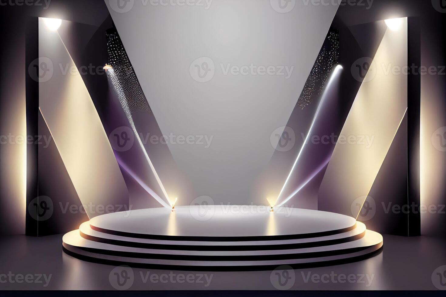 The podium for the awards ceremony was lit up with spotlights. Award ceremony concept, stage backdrop. photo