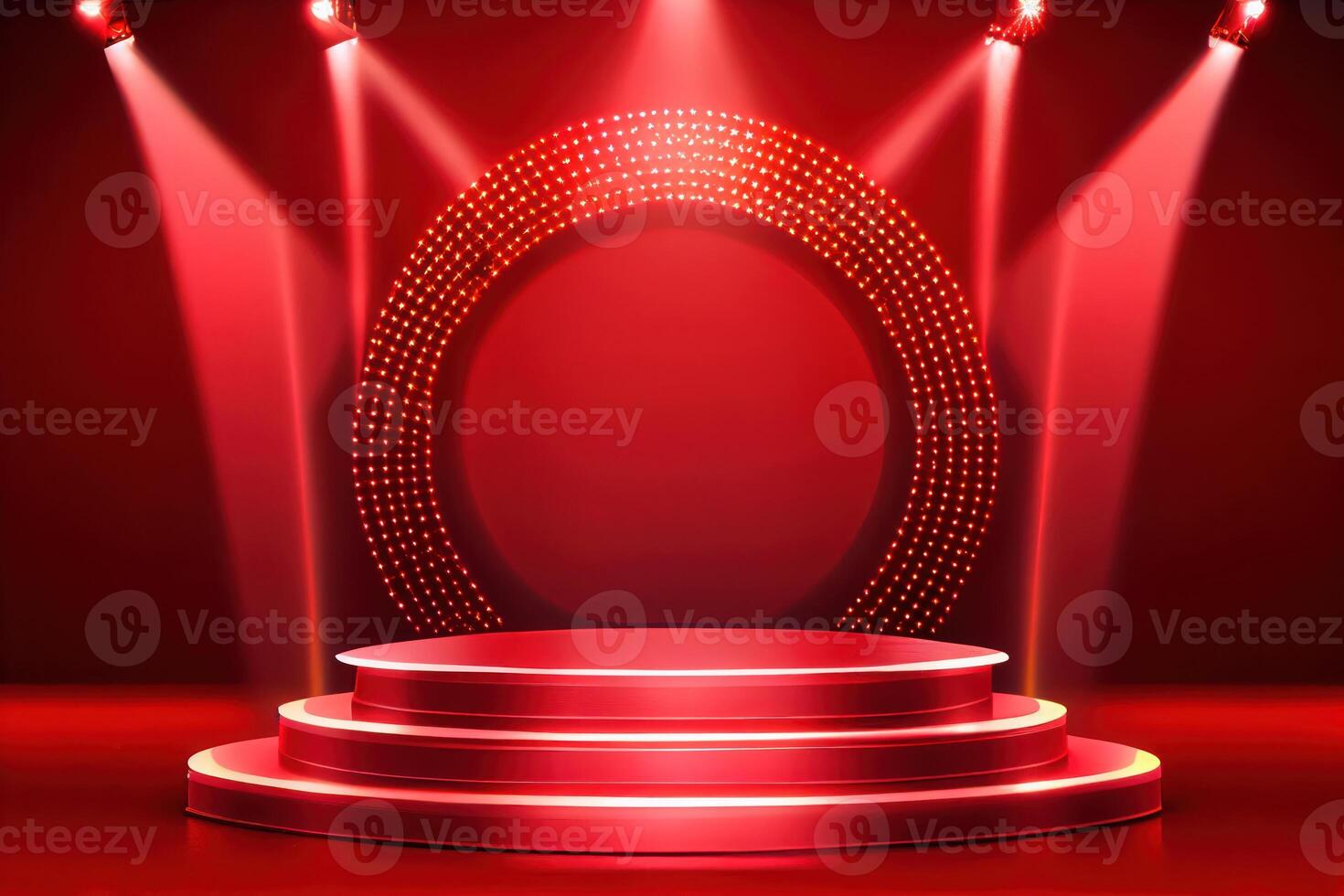 podium stage with stage lights podium stage with award ceremony on red background. photo