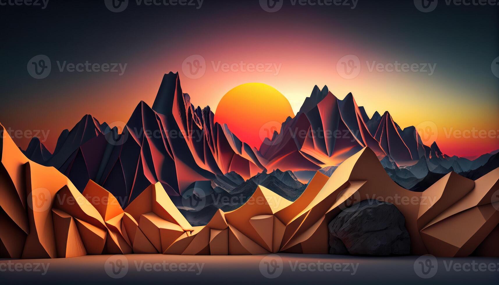 resumen panorámico antecedentes con montaña puesta de sol paisaje fondo de pantalla. ai generado foto