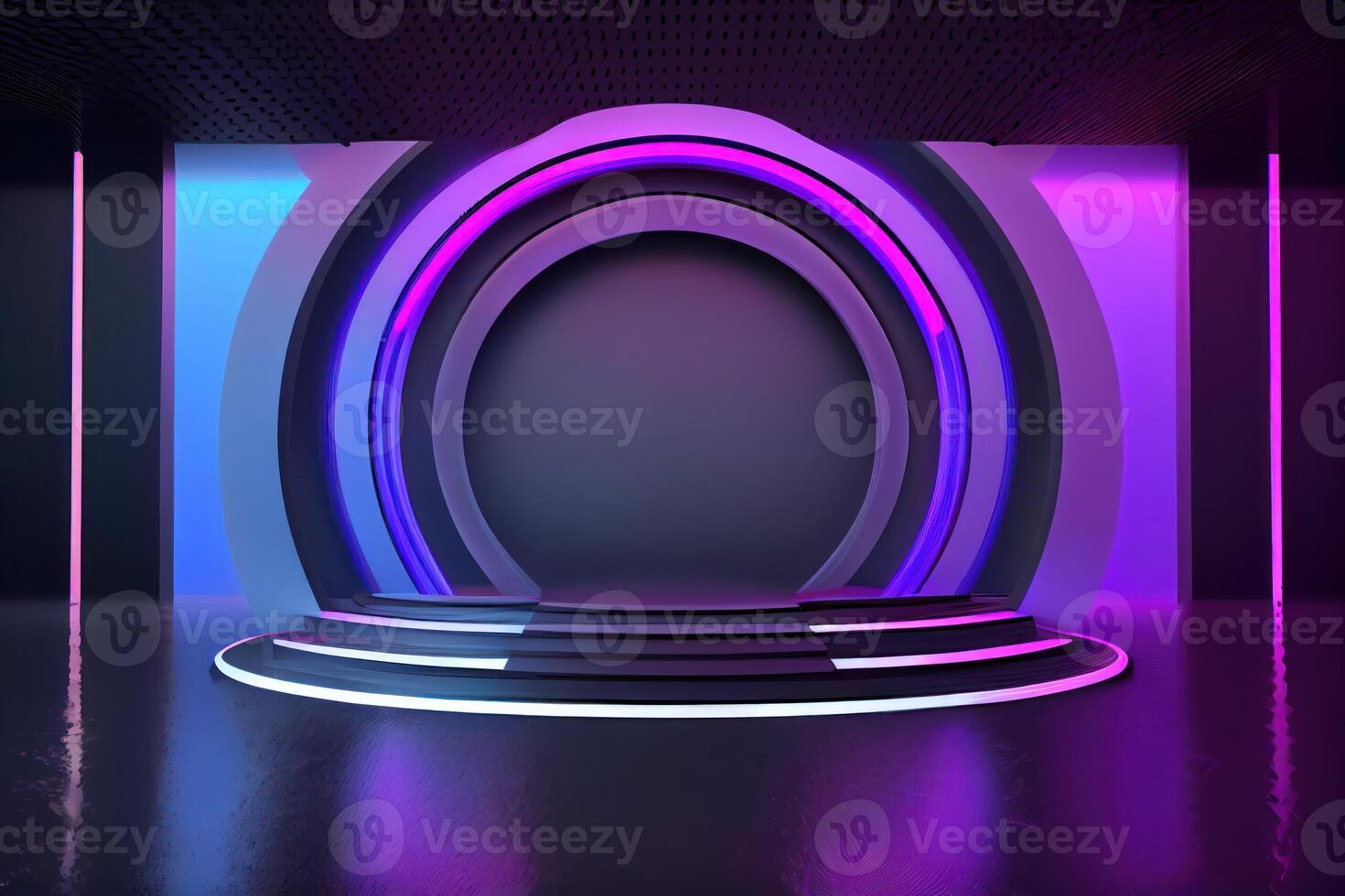 Circular stage with neon lights, abstract background. photo