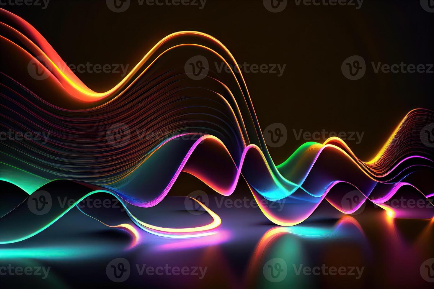 Abstract background of colorful neon wavy lines glowing in the dark. photo