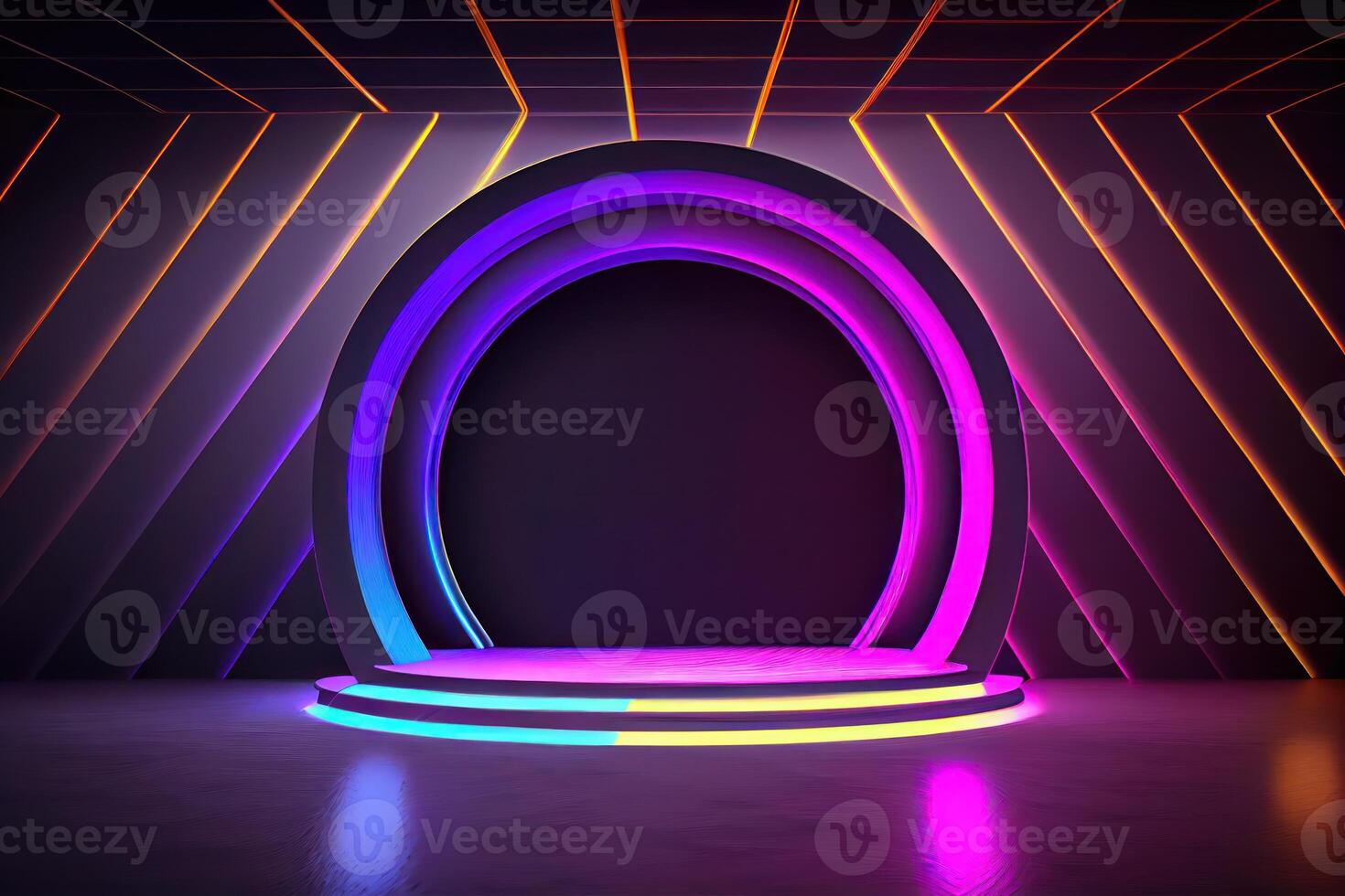 Circular stage with neon lights, abstract background. photo
