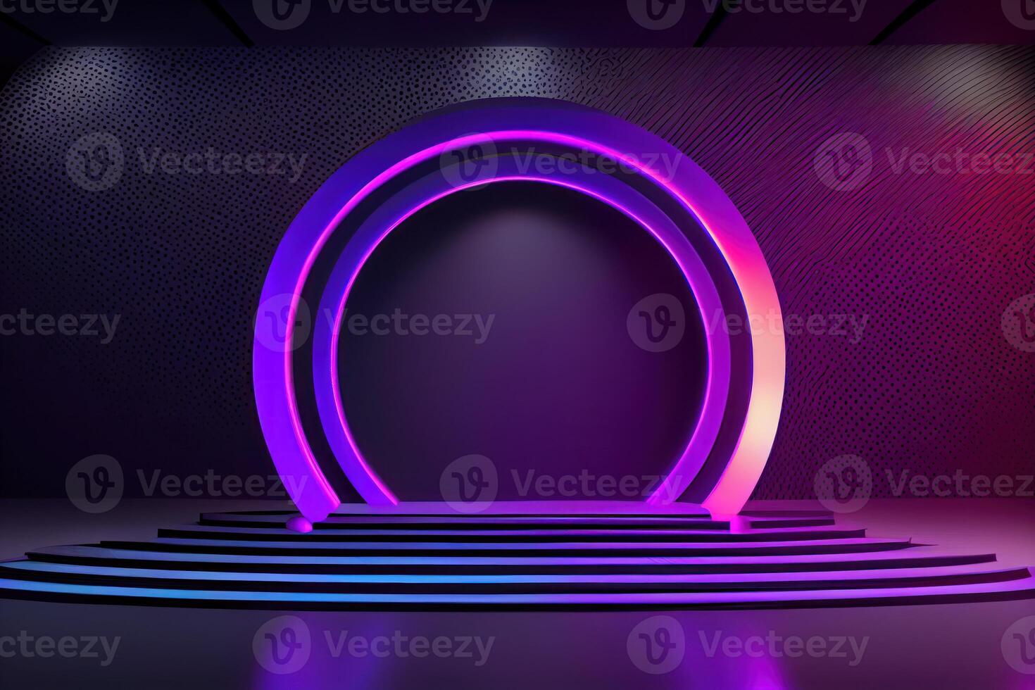 Circular stage with neon lights, abstract background. photo