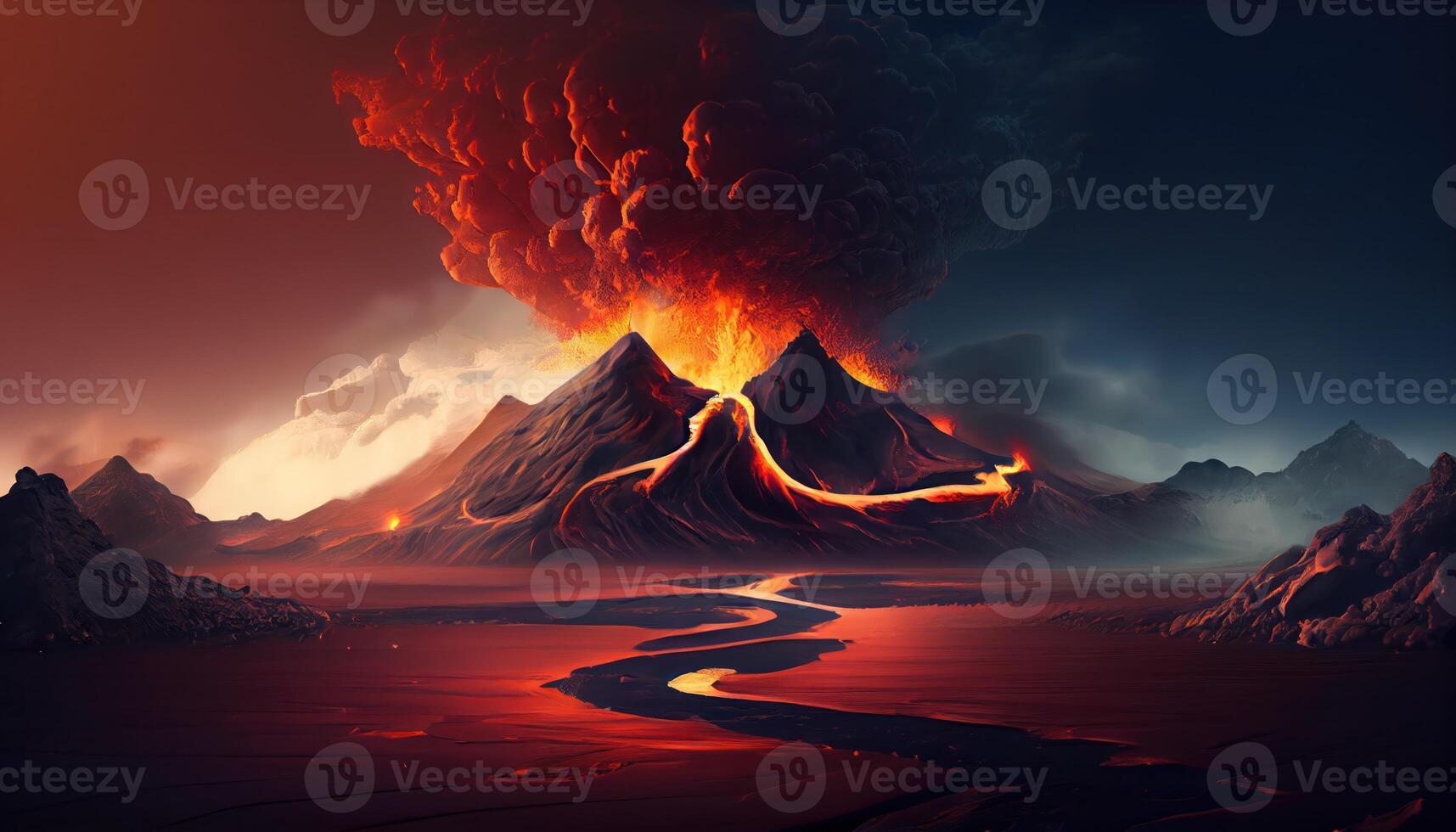 Abstract panoramic background with volcanic eruption themed wallpaper. photo