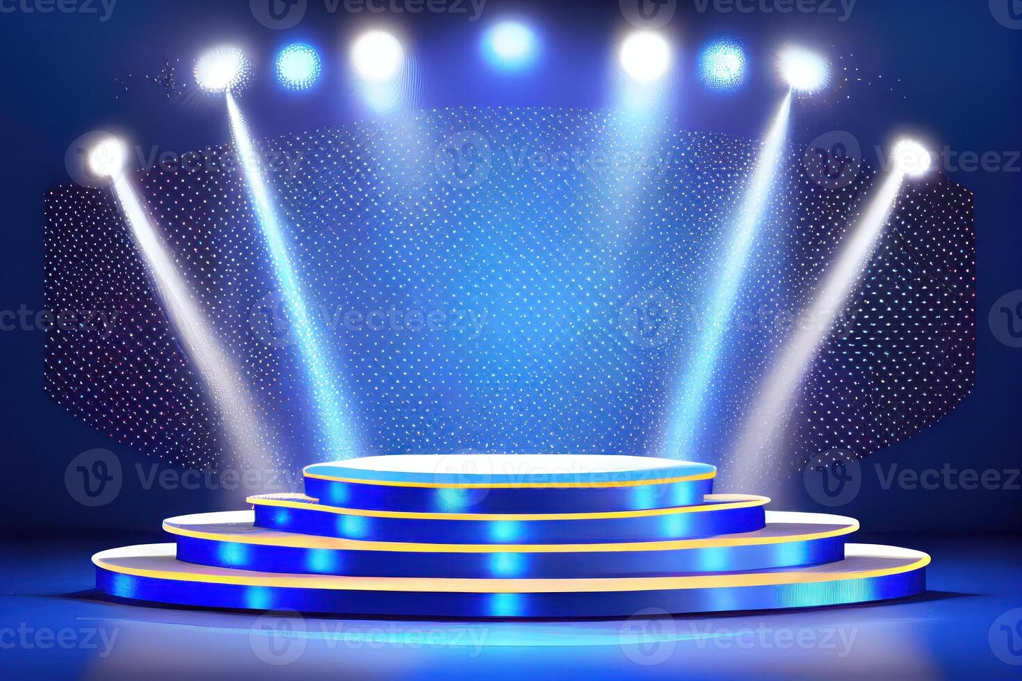 podium stage with stage lights podium stage with award ceremony on blue background. photo