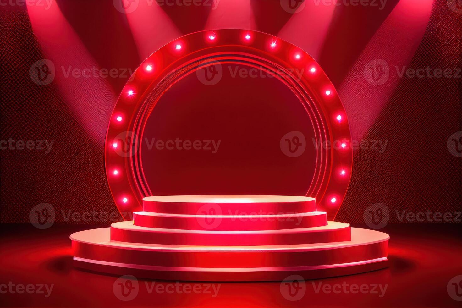 podium stage with stage lights podium stage with award ceremony on red background. photo