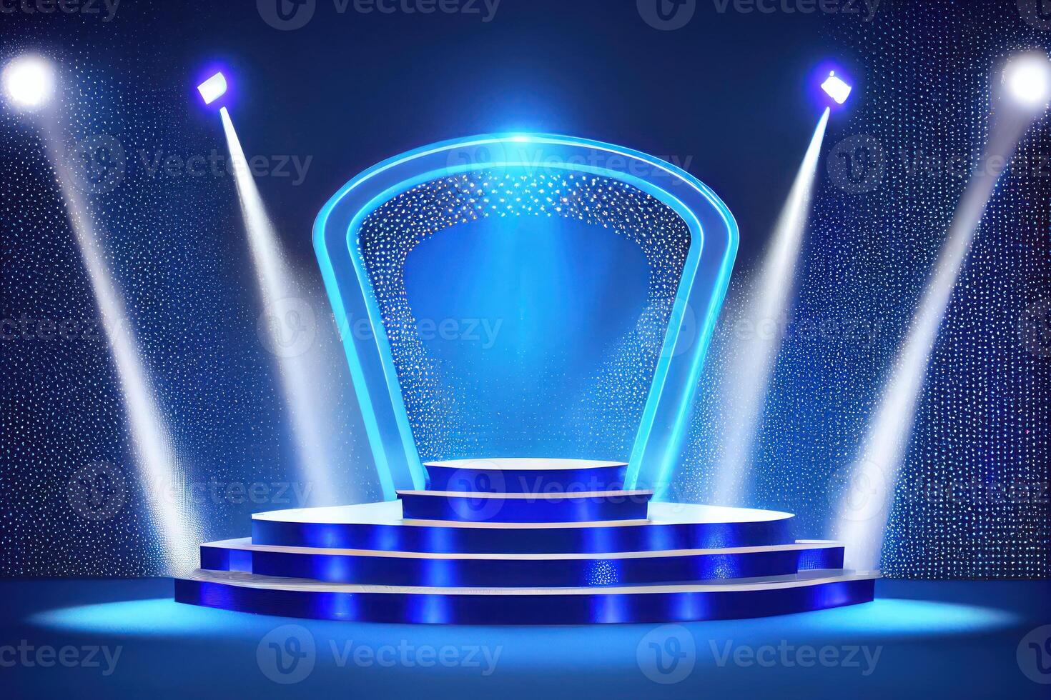 podium stage with stage lights podium stage with award ceremony on blue background. photo