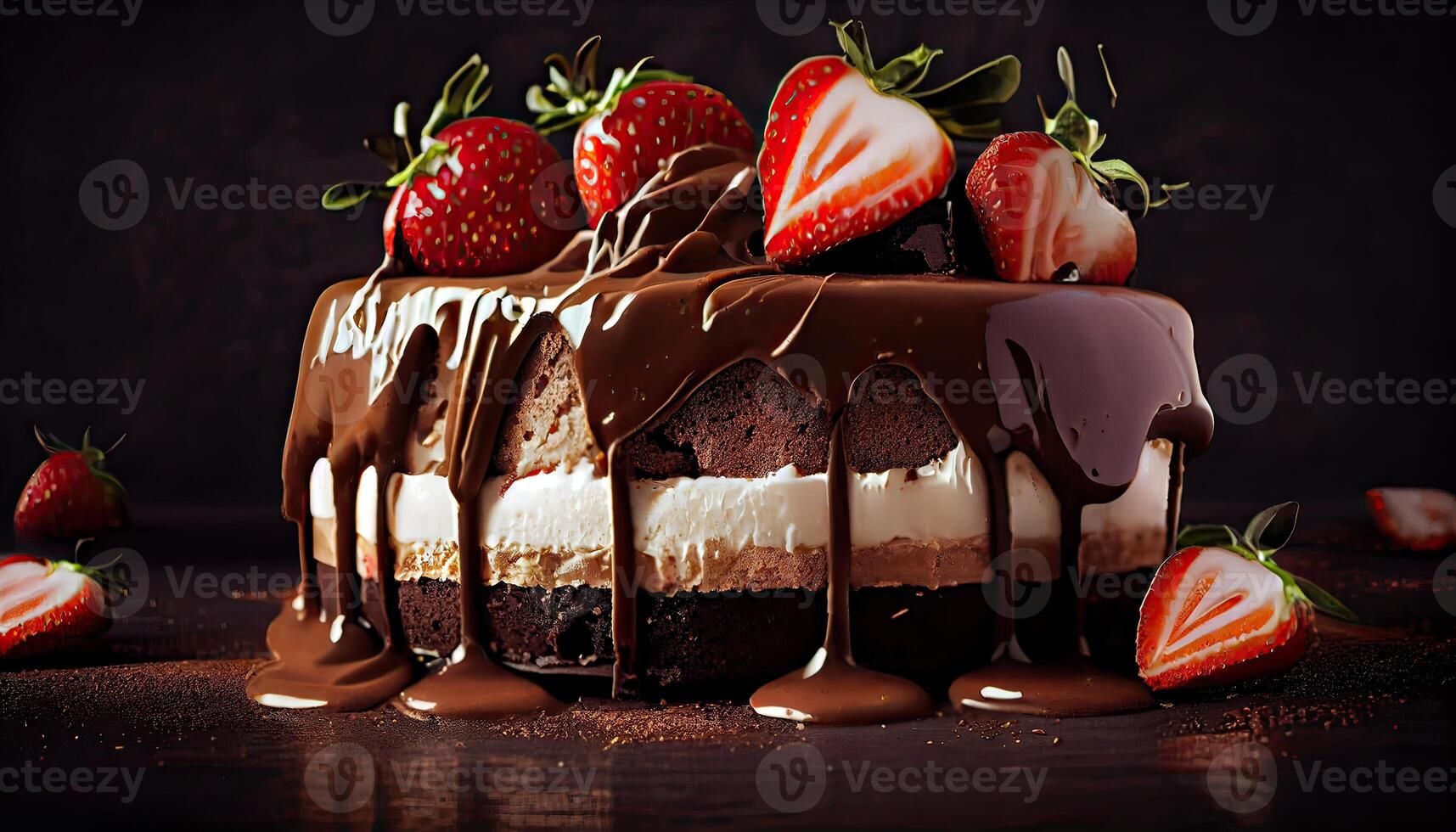 Chocolate cake with chocolate drips on a black background. Layered cake with milk, black and white chocolate souffle decorated with strawberries on top with copy space. photo