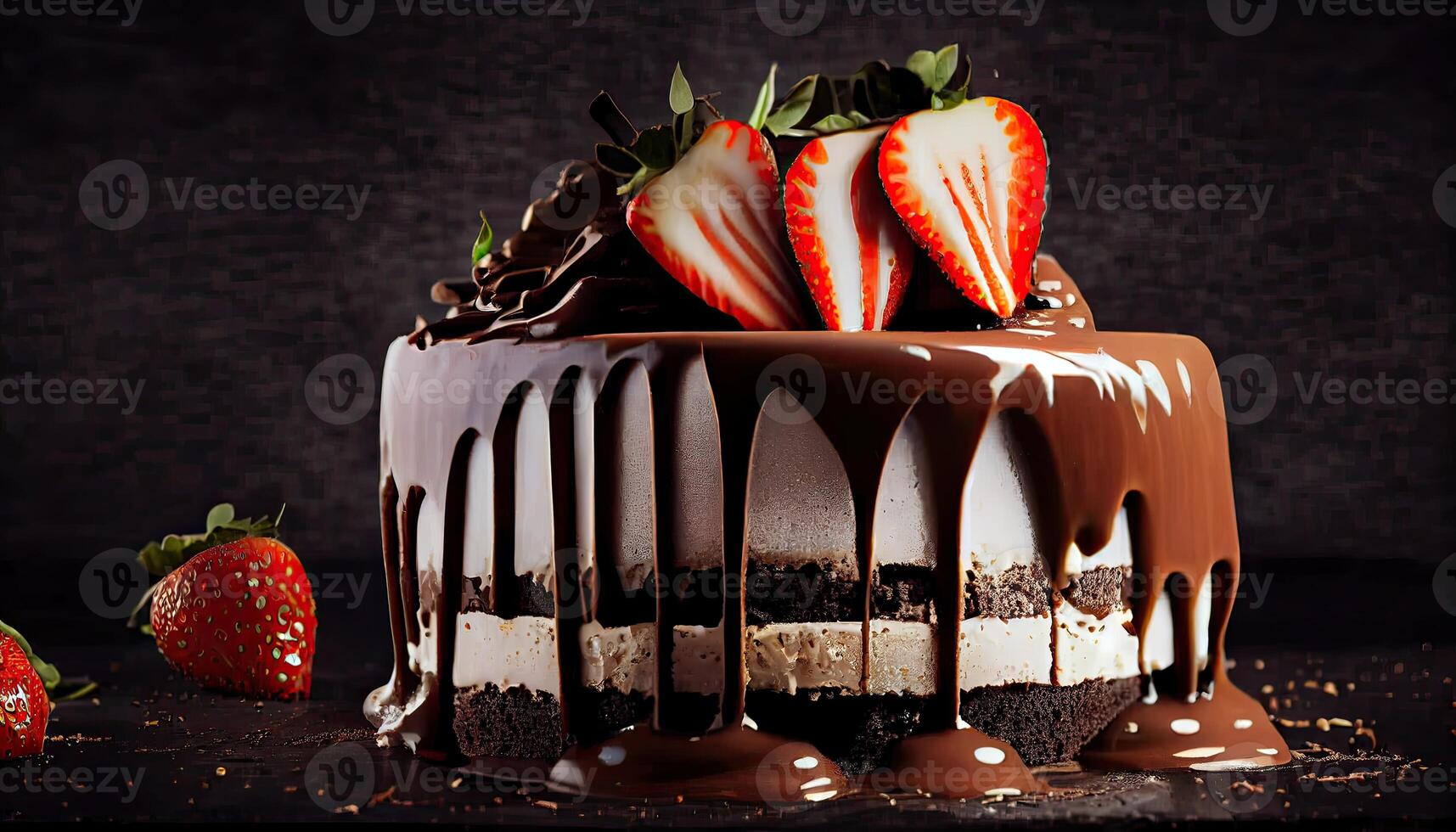Chocolate cake with chocolate drips on a black background. Layered cake with milk, black and white chocolate souffle decorated with strawberries on top with copy space. photo