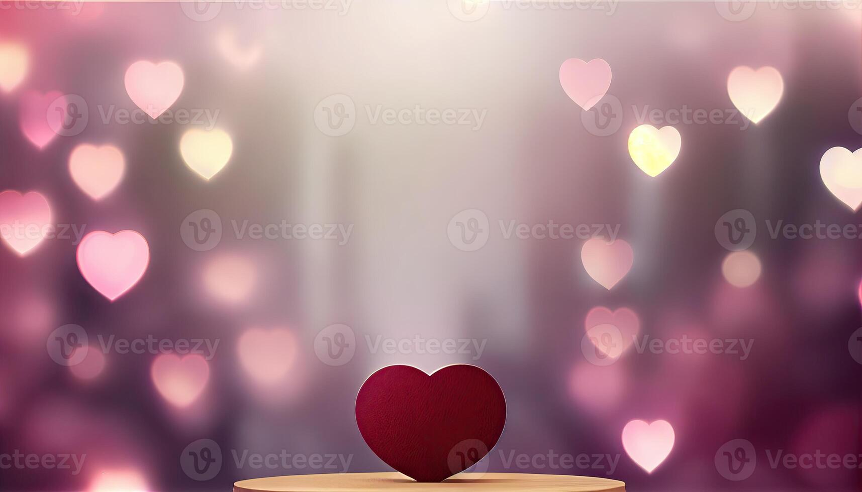 Empty podium on beautiful heart bokeh background. Valentines day concept mock up for design and product display. photo