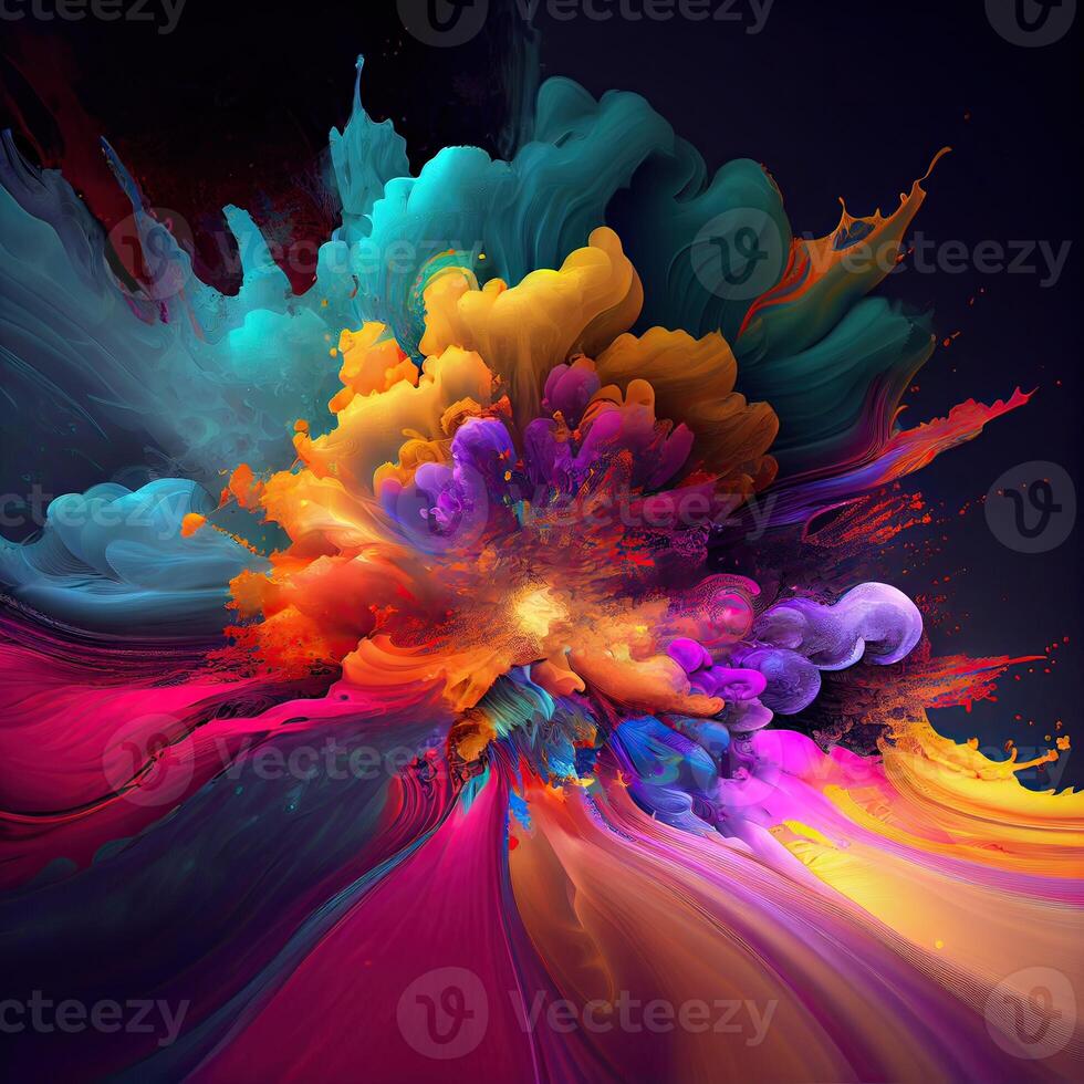 Explosion of cloudy red, green and blue powder. Freeze motion of color powder exploding. 3D Illustration. Freeze motion of colored powder explosions isolated on white background. photo