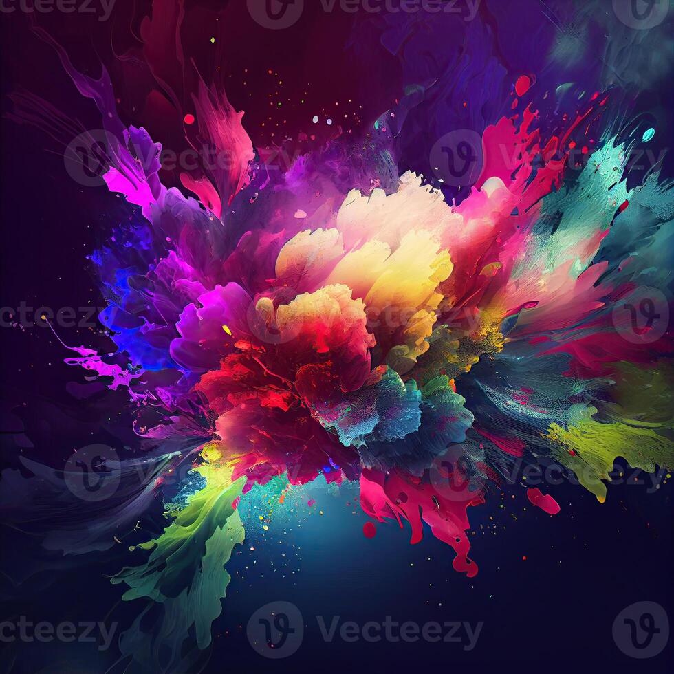 Explosion of cloudy red, green and blue powder. Freeze motion of color powder exploding. 3D Illustration. Freeze motion of colored powder explosions isolated on white background. photo