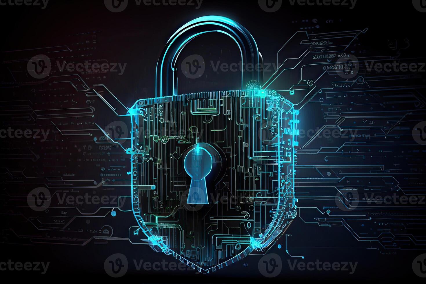Padlock With Keyhole icon in personal data security Illustrates cyber data or information privacy idea. blue color abstract hi speed internet technology. photo
