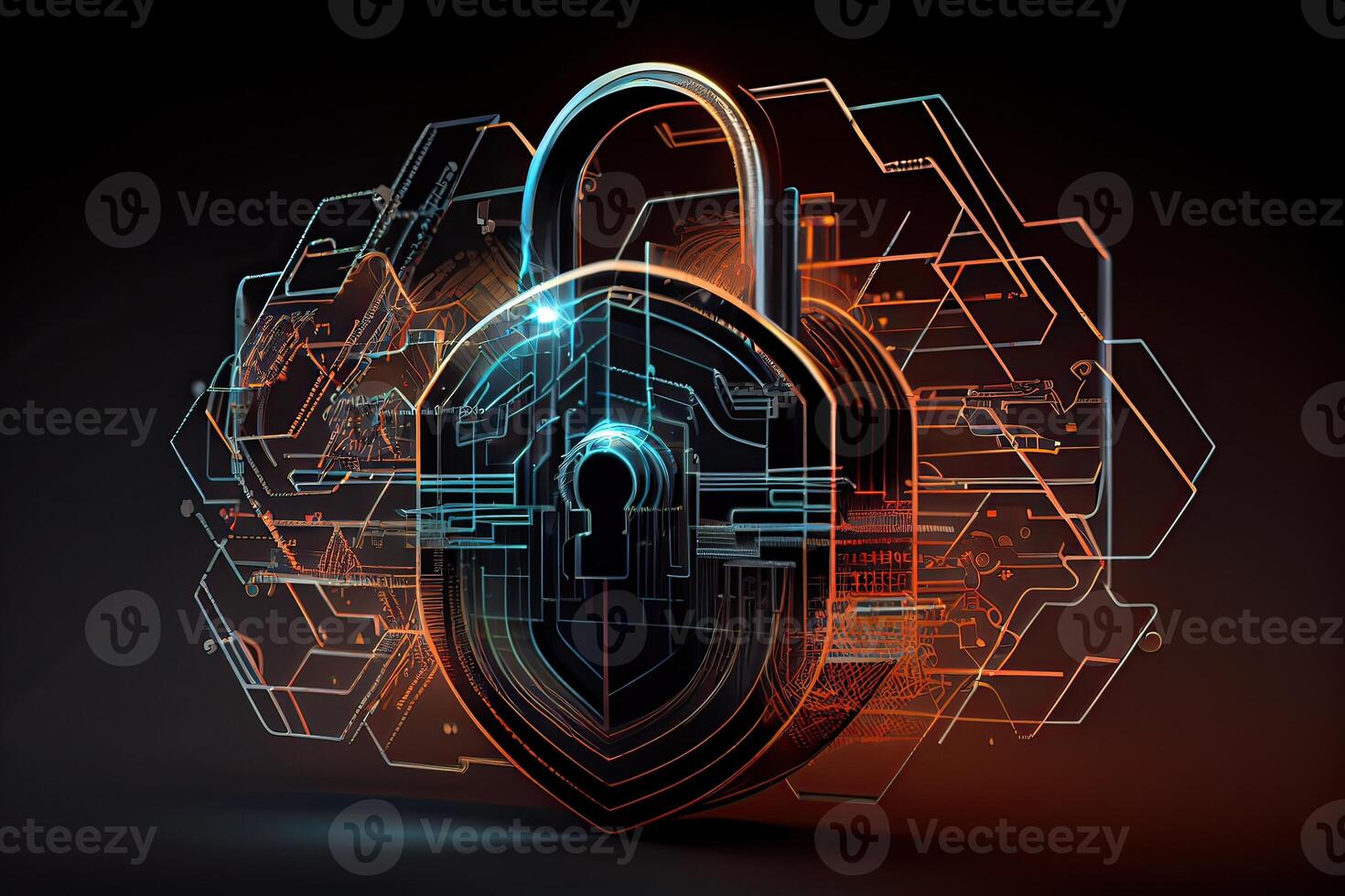 Padlock With Keyhole icon in personal data security Illustrates cyber data or information privacy idea. blue color abstract hi speed internet technology. photo