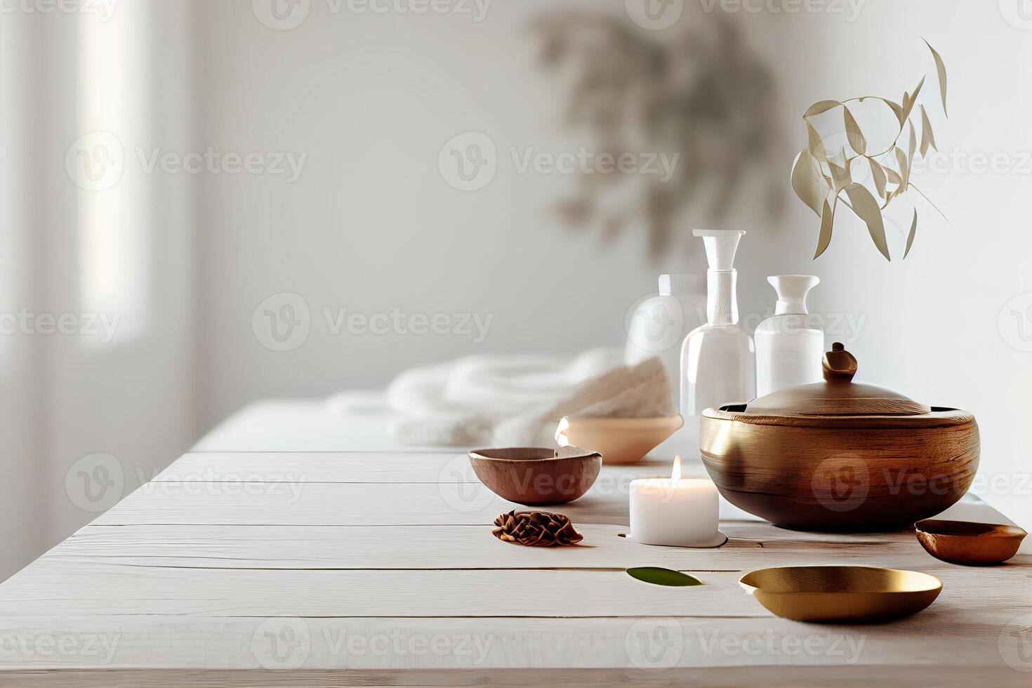 Spa stones, towel and candles on color background. Spa composition and treatments on light wooden background, close-up. photo