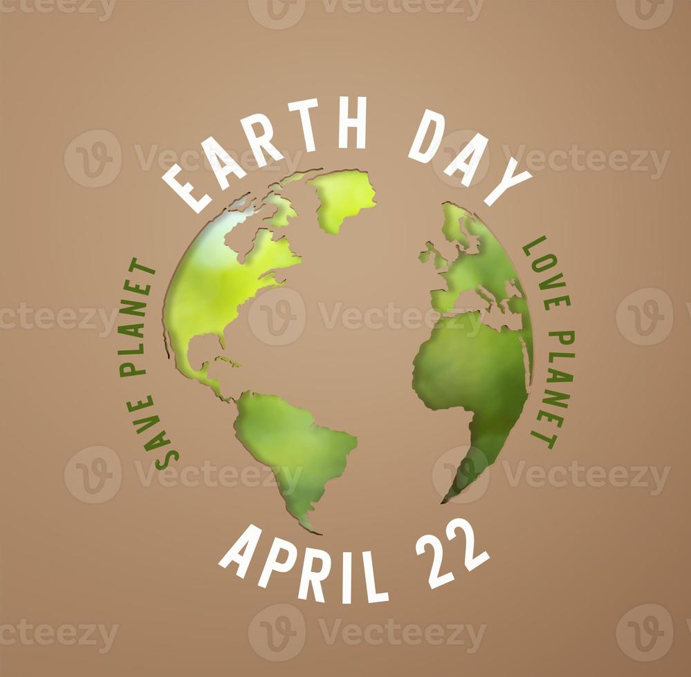 3d Rendering. Planet earth icon eco papercut on brown background. Earth day concept. photo
