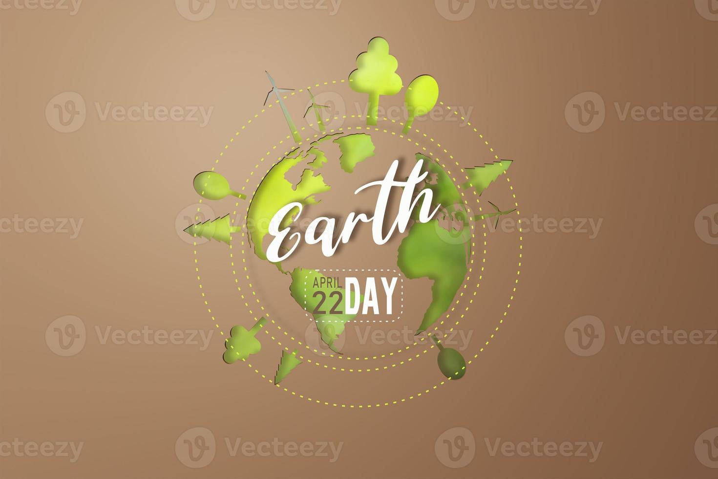 3d Rendering. Planet earth icon eco papercut on brown background. Earth day concept. photo