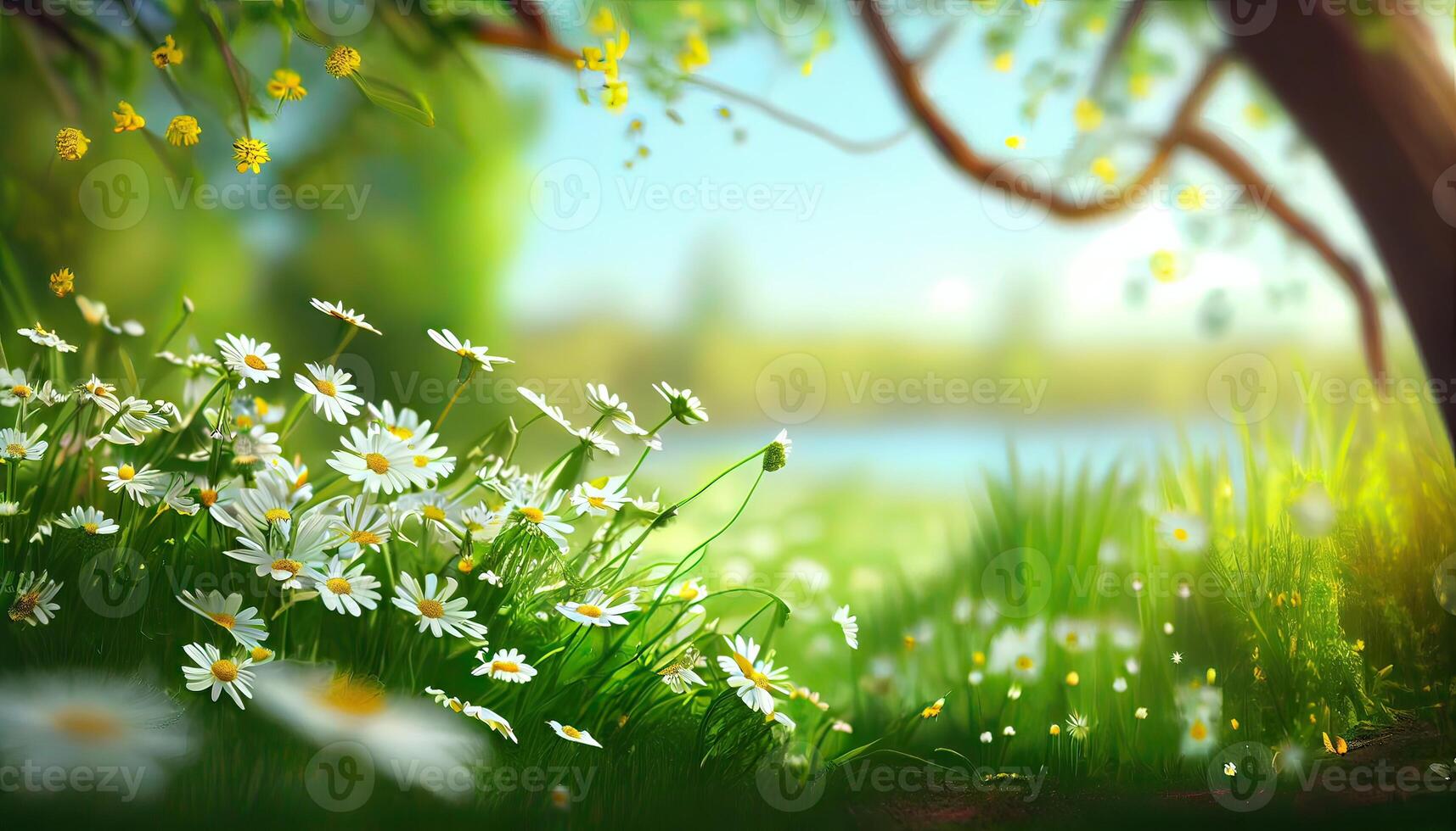 Chamomile flower field. Camomile in the nature. Field of camomiles at sunny day at nature. Camomile daisy flowers in summer day. Chamomile flowers field wide background in sun light. . photo