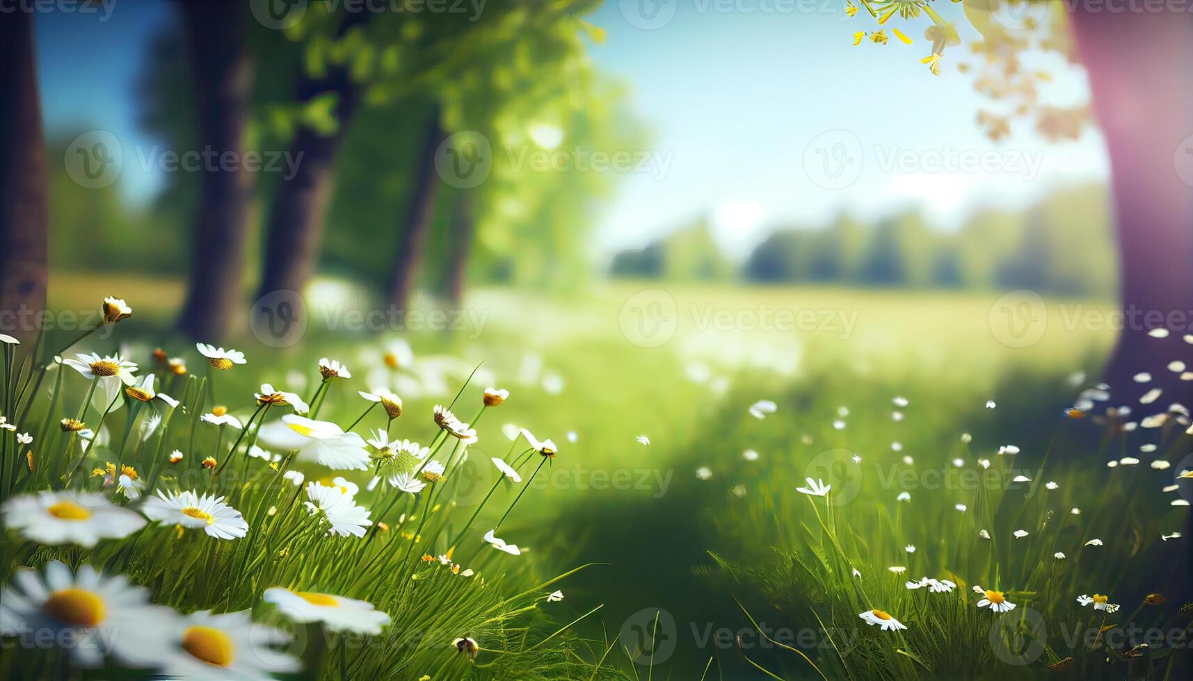 Chamomile flower field. Camomile in the nature. Field of camomiles at sunny day at nature. Camomile daisy flowers in summer day. Chamomile flowers field wide background in sun light. . photo