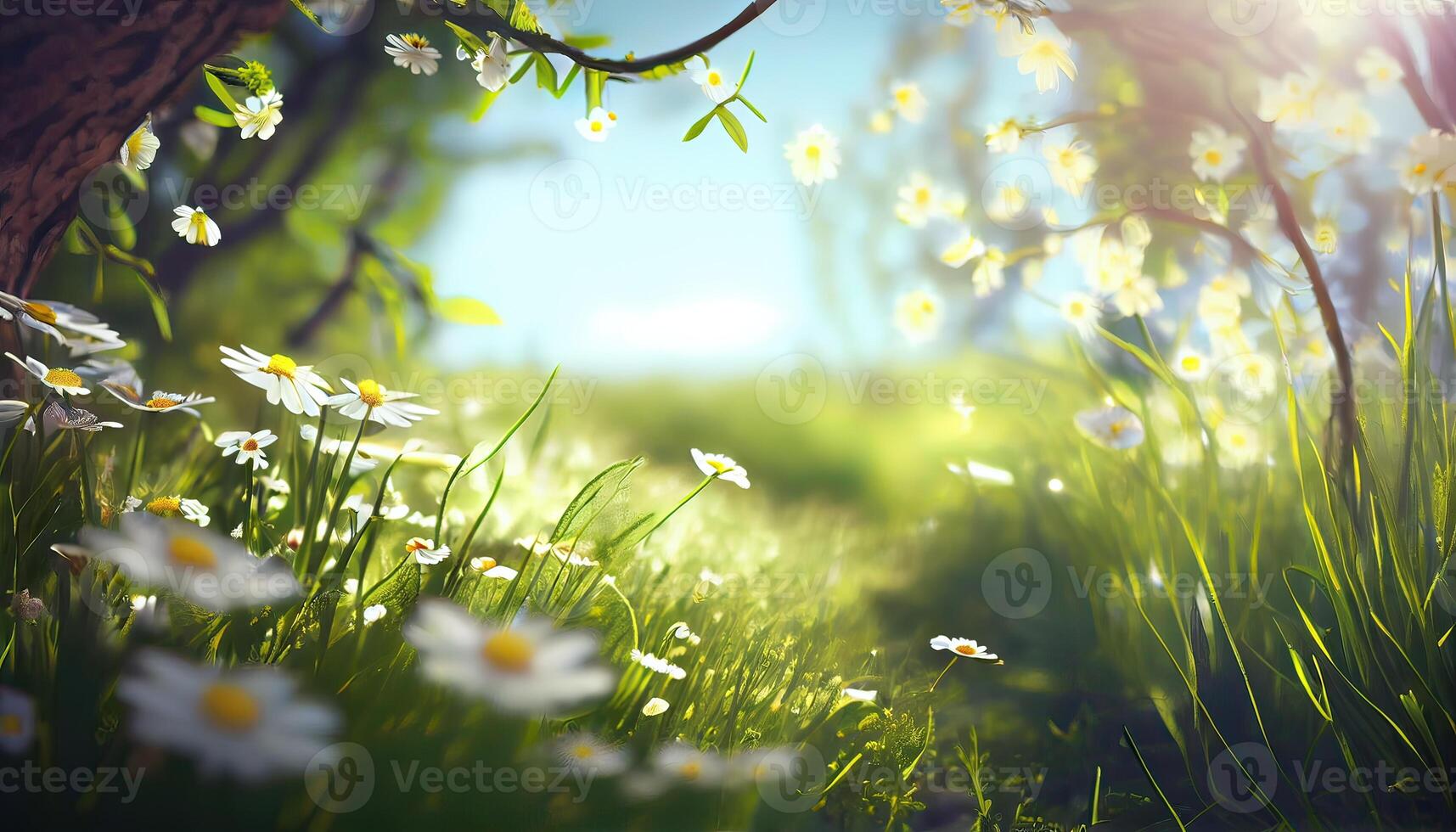 Chamomile flower field. Camomile in the nature. Field of camomiles at sunny day at nature. Camomile daisy flowers in summer day. Chamomile flowers field wide background in sun light. . photo