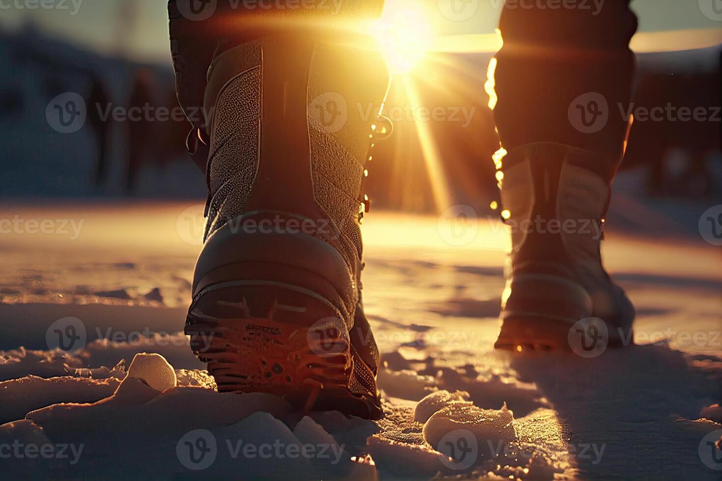 A man's feet in winter warm, comfortable shoes take a step on a snowy road in the park on a winter walk. A man in motion. photo