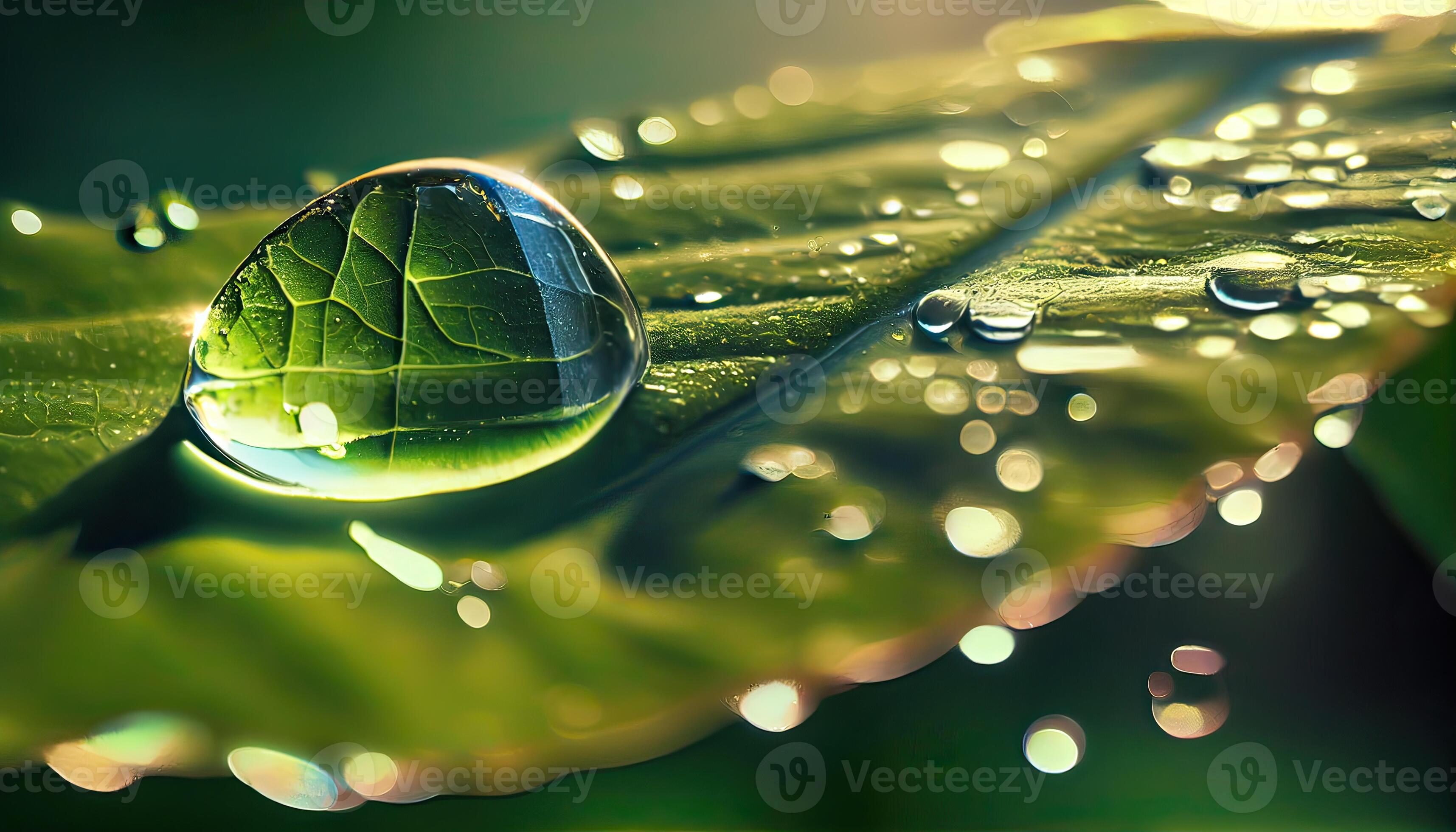Large beautiful drops of transparent rain water on a green leaf macro