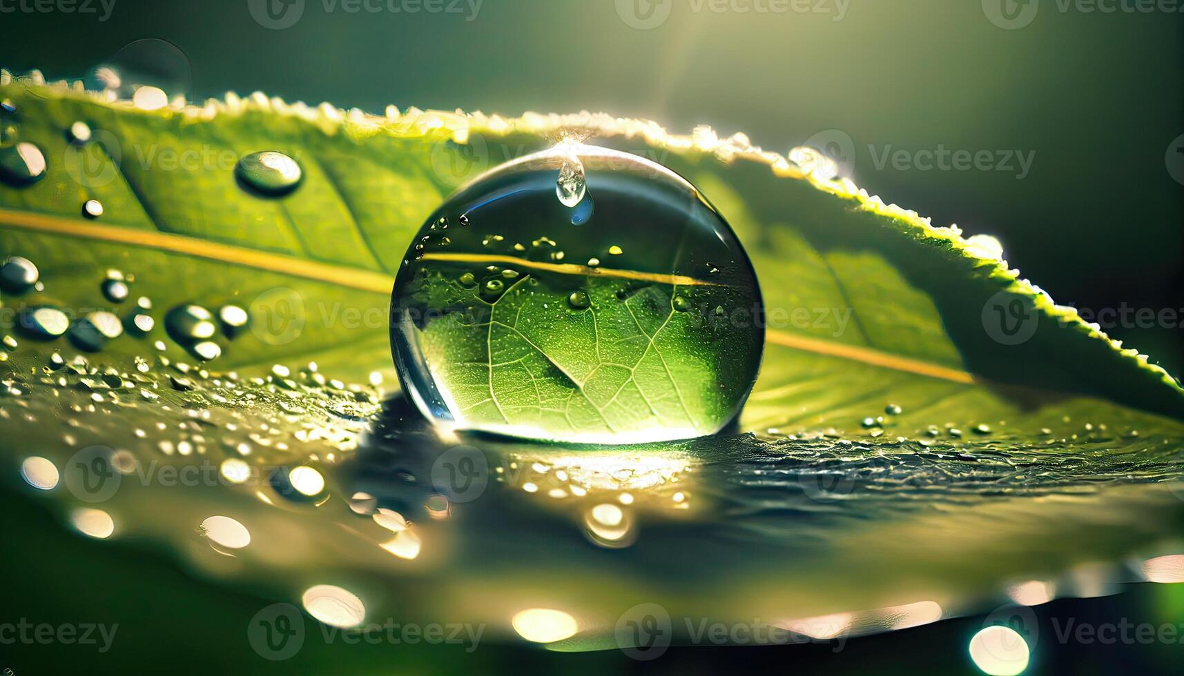 Large beautiful drops of transparent rain water on a green leaf macro. Drops of dew in the morning glow in the sun. Beautiful leaf texture in nature. Natural background. photo