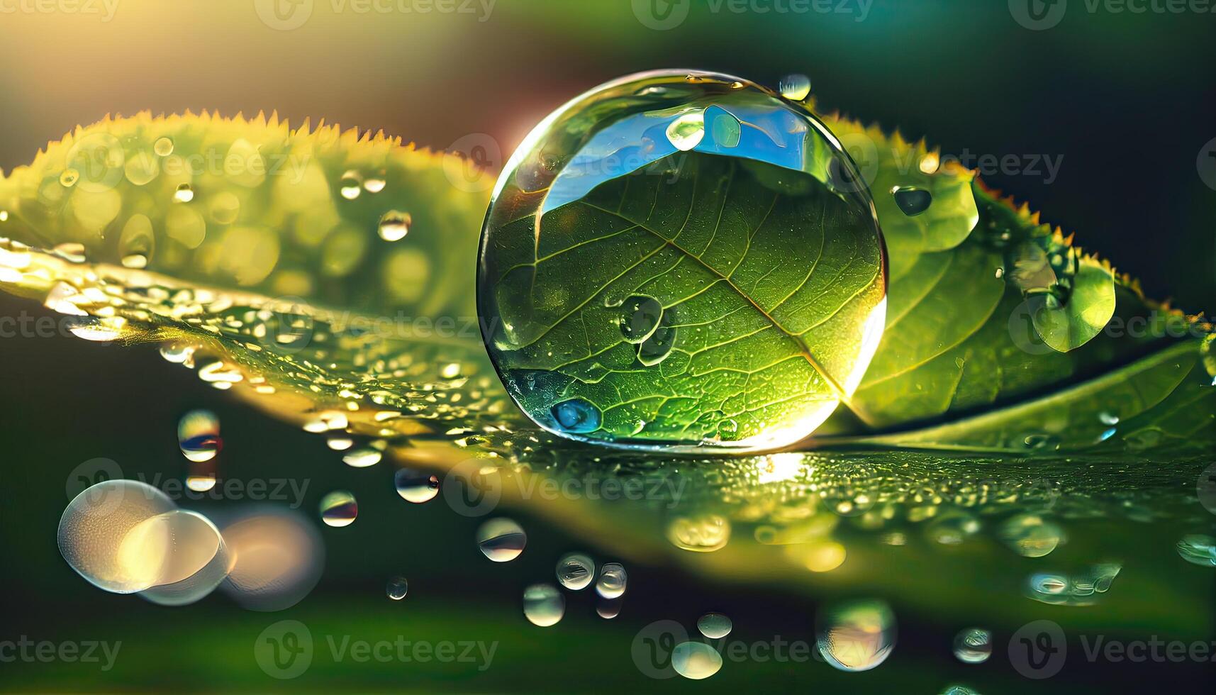 Large beautiful drops of transparent rain water on a green leaf macro. Drops of dew in the morning glow in the sun. Beautiful leaf texture in nature. Natural background. photo