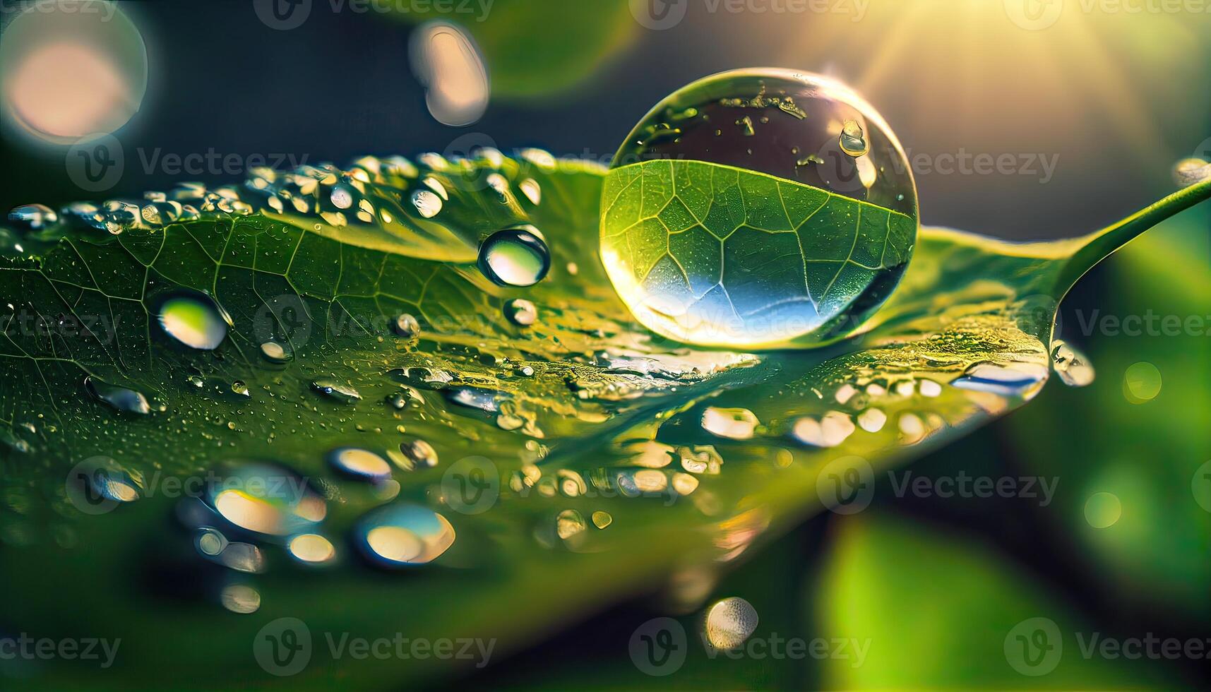 grande hermosa gotas de transparente lluvia agua en un verde hoja macro. gotas de Rocío en el Mañana resplandor en el Dom. hermosa hoja textura en naturaleza. natural antecedentes. generativo ai foto