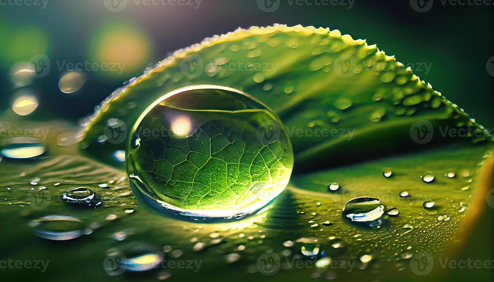 Large beautiful drops of transparent rain water on a green leaf macro. Drops of dew in the morning glow in the sun. Beautiful leaf texture in nature. Natural background. photo