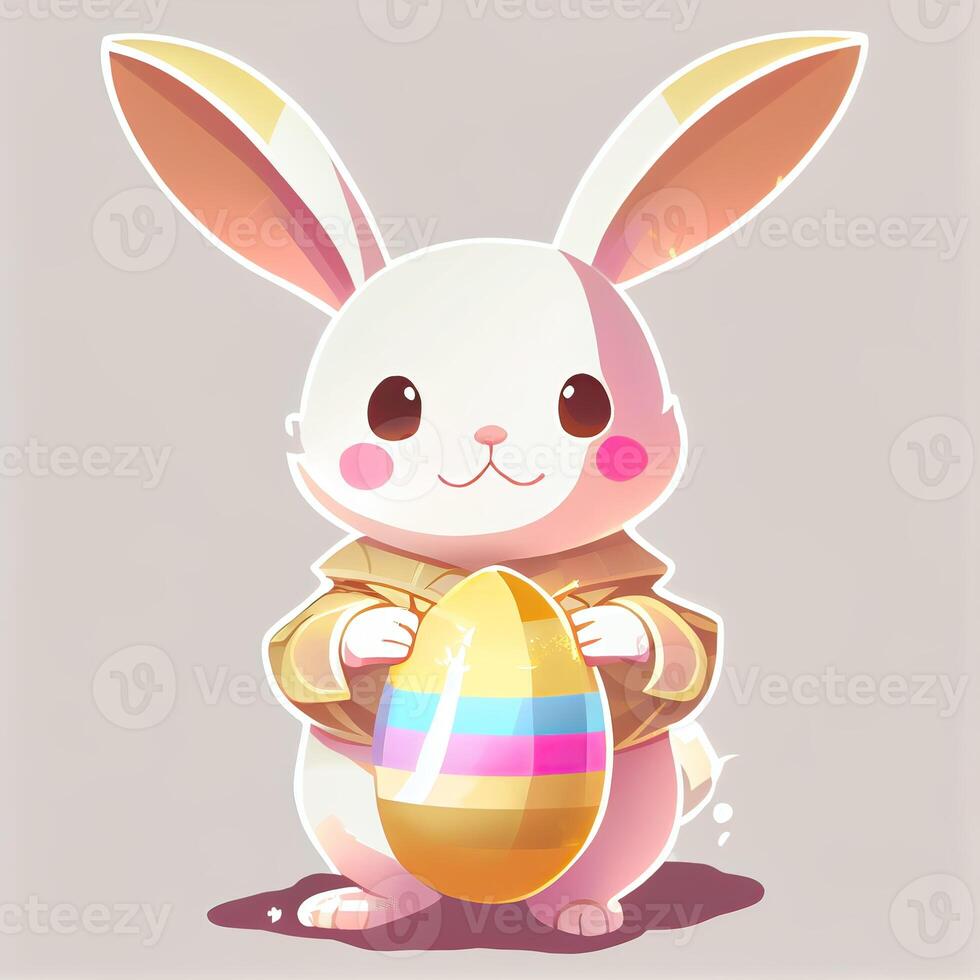 cartoon bunny holding an easter egg. Happy Easter greeting card vector illustration. Cute bunny holding easter egg. . photo