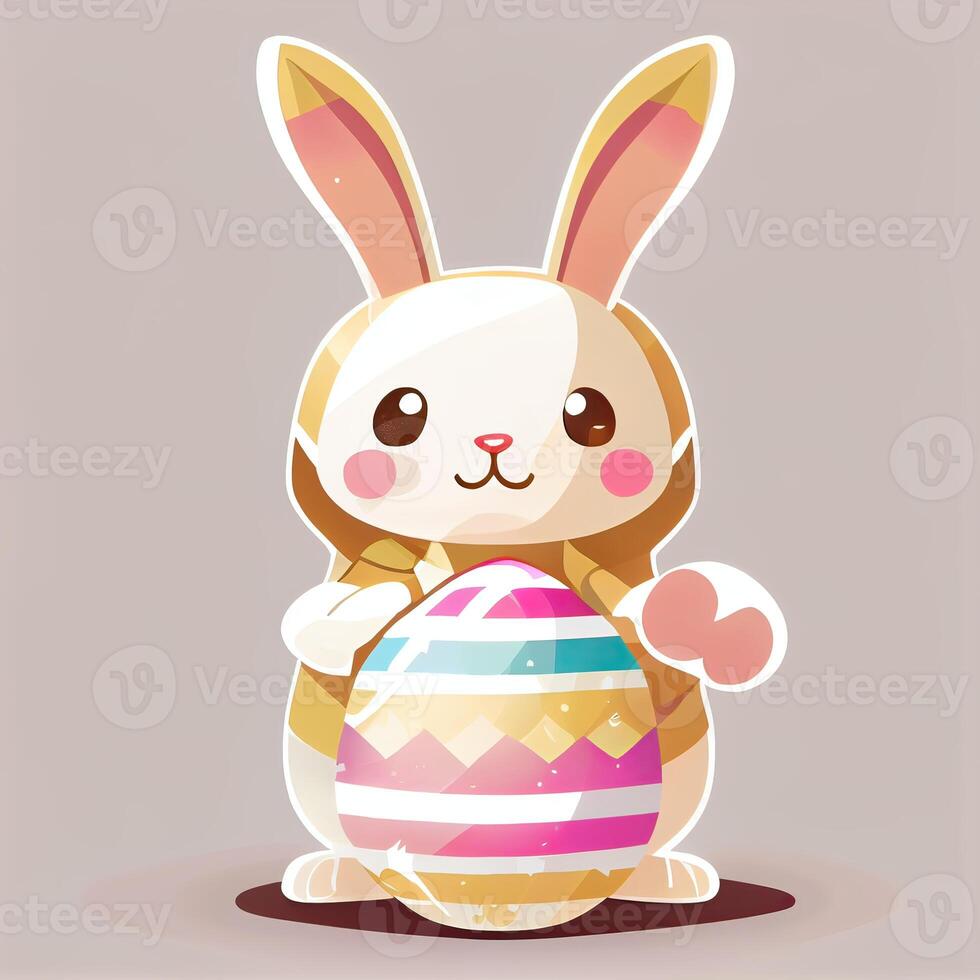 cartoon bunny holding an easter egg. Happy Easter greeting card vector illustration. Cute bunny holding easter egg. . photo