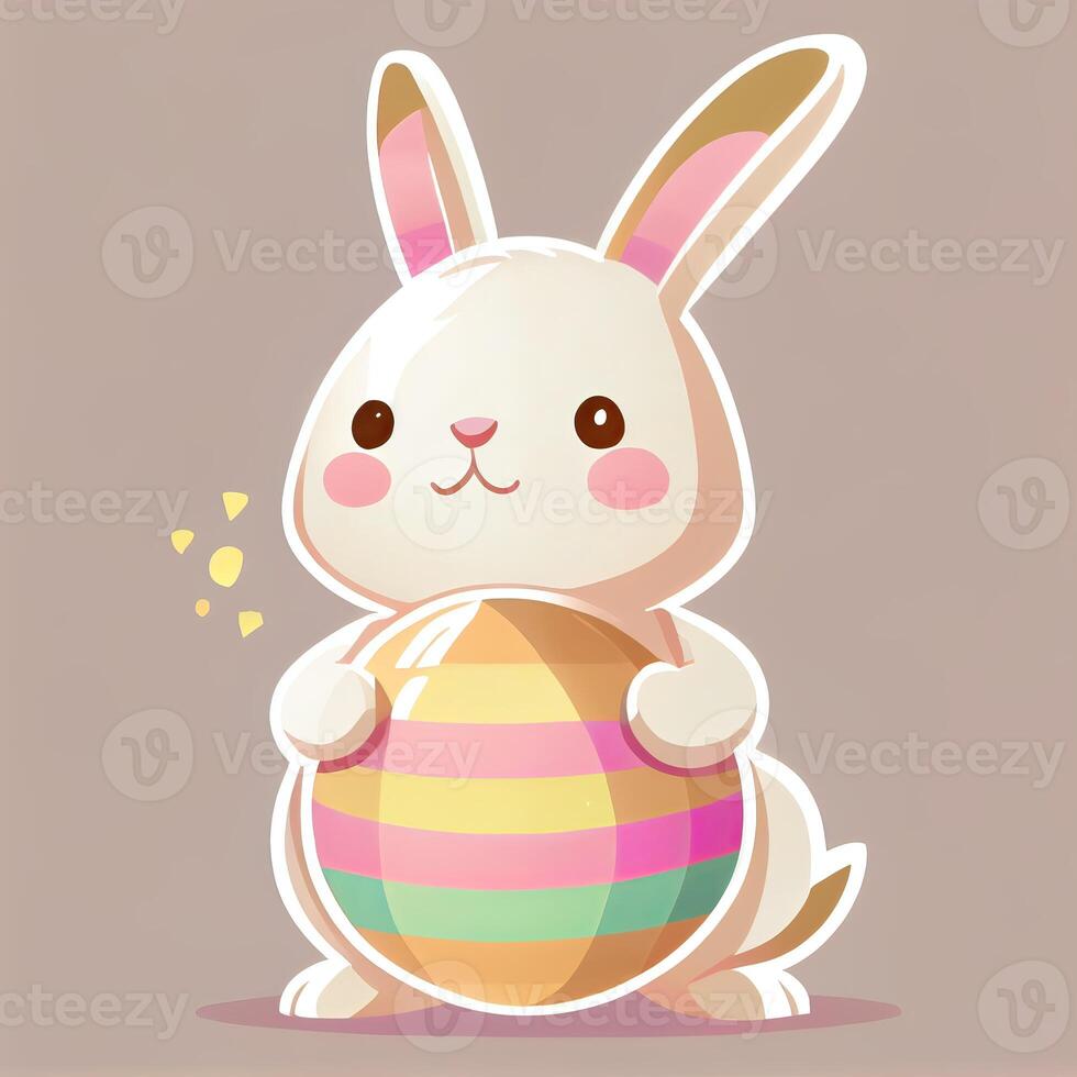cartoon bunny holding an easter egg. Happy Easter greeting card vector illustration. Cute bunny holding easter egg. . photo
