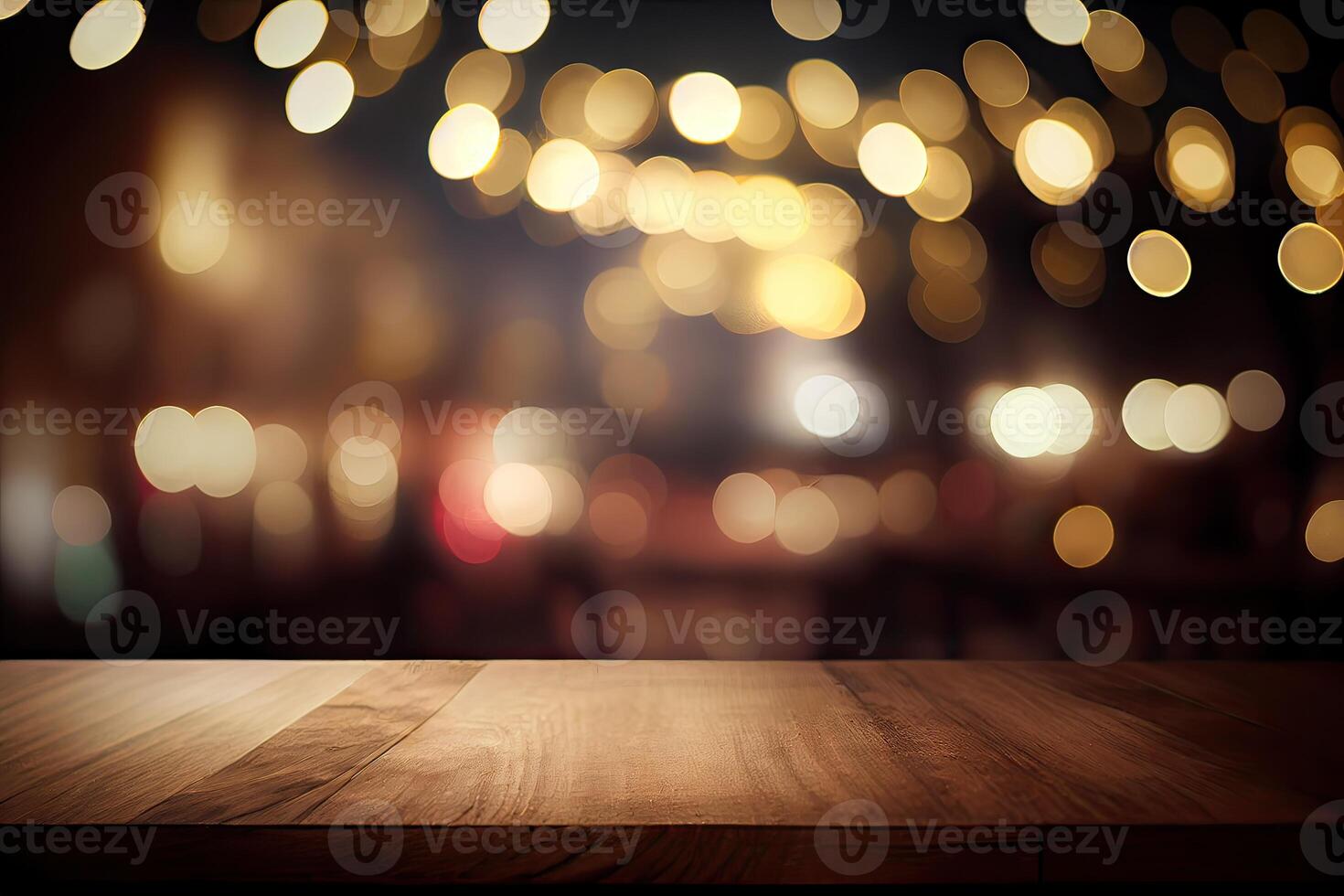 image of wooden table in front of abstract blurred background of resturant lights. Wood table top on blur of lighting in night cafe,restaurant background. selective focus. photo