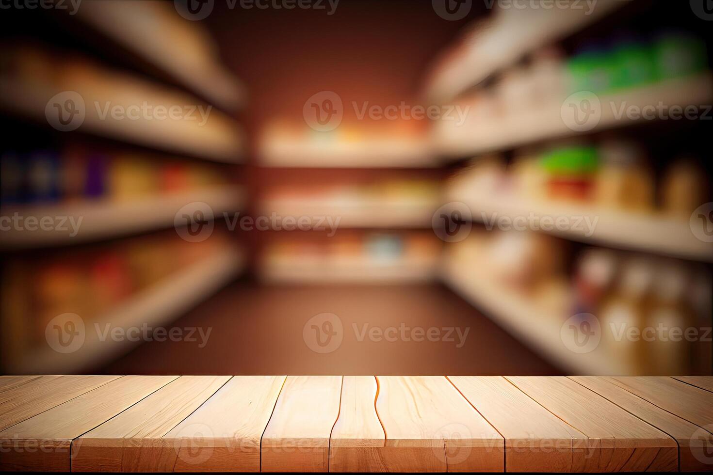 vacío madera mesa parte superior en borroso súper mercado. lata montaje o monitor tu productos vacío madera mesa parte superior en estante en supermercado borroso antecedentes. generativo ai foto