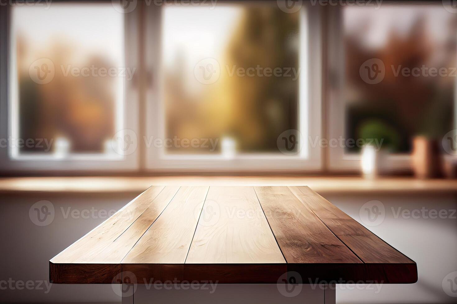 Empty of wood table top on blur of curtain window and abstract green from garden with sunlight .For montage product display or design key visual layout. photo