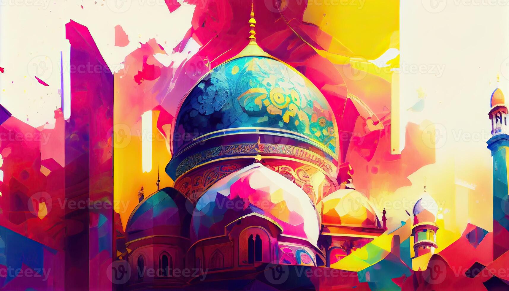 water color painting Arabic Islamic Typography design Mawlid al-Nabawai al-Sharif greeting card with dome and minaret of the Prophet's Mosque. photo