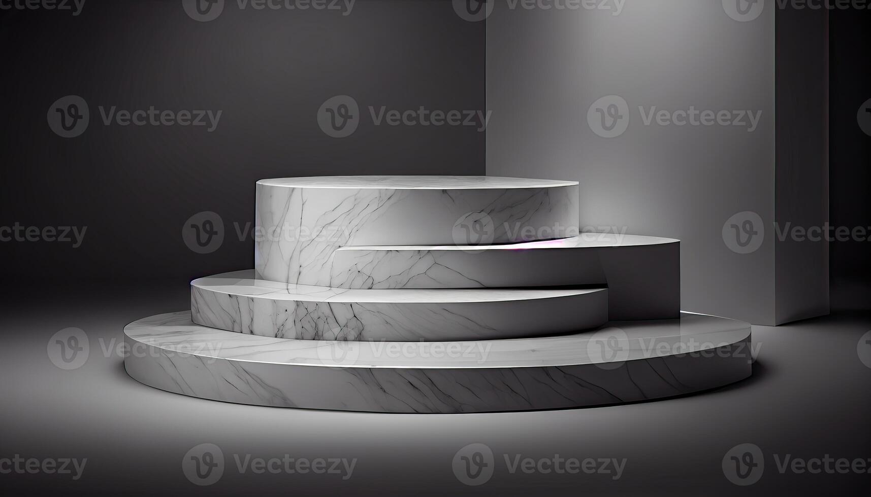 Marble product display on black background with modern backdrops studio. Empty pedestal or podium platform. photo