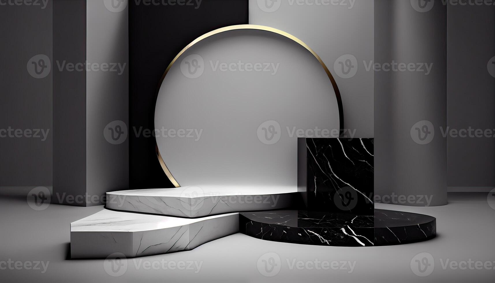 Marble product display on black background with modern backdrops studio. Empty pedestal or podium platform. photo