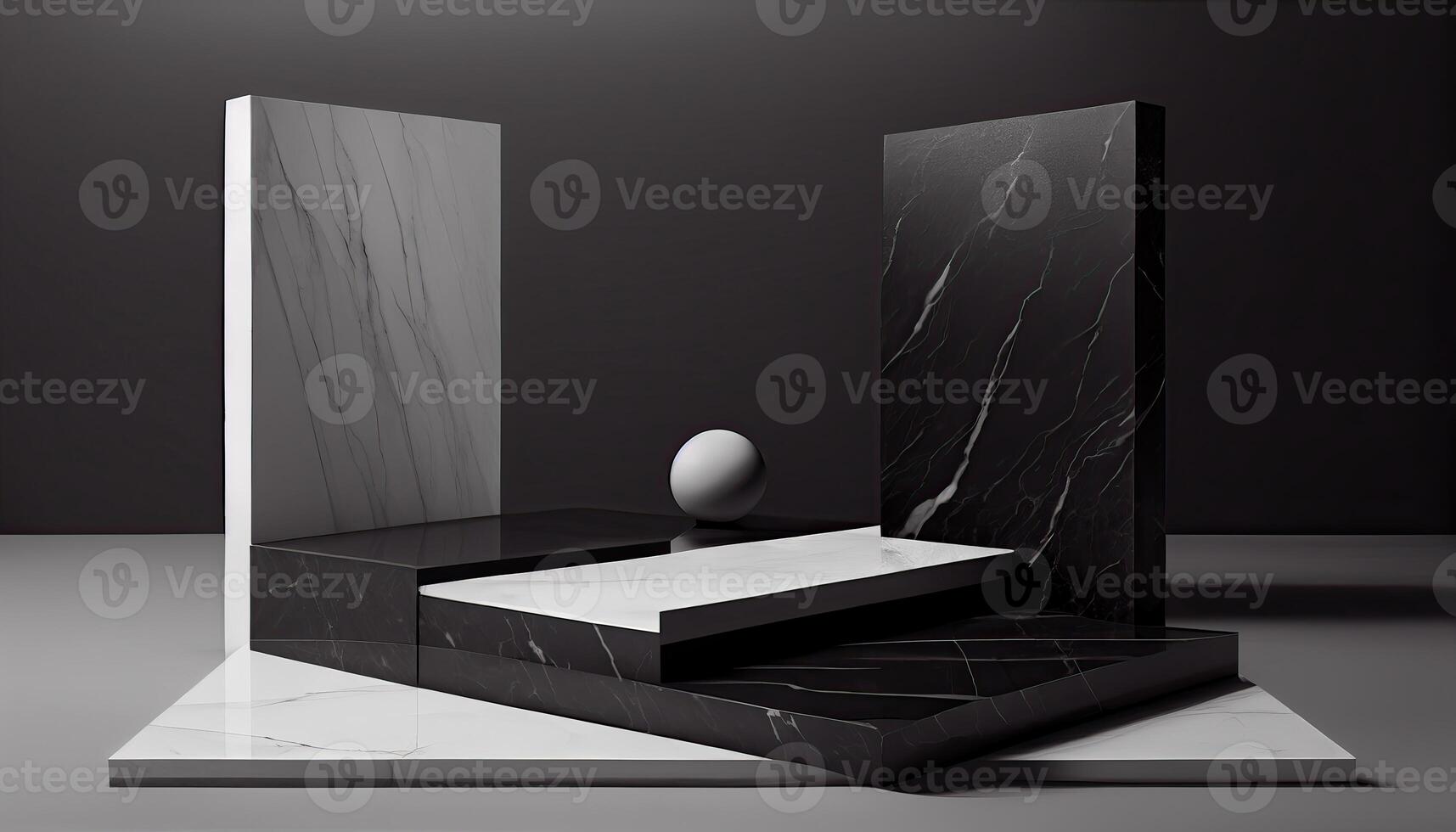 Marble product display on black background with modern backdrops studio. Empty pedestal or podium platform. photo