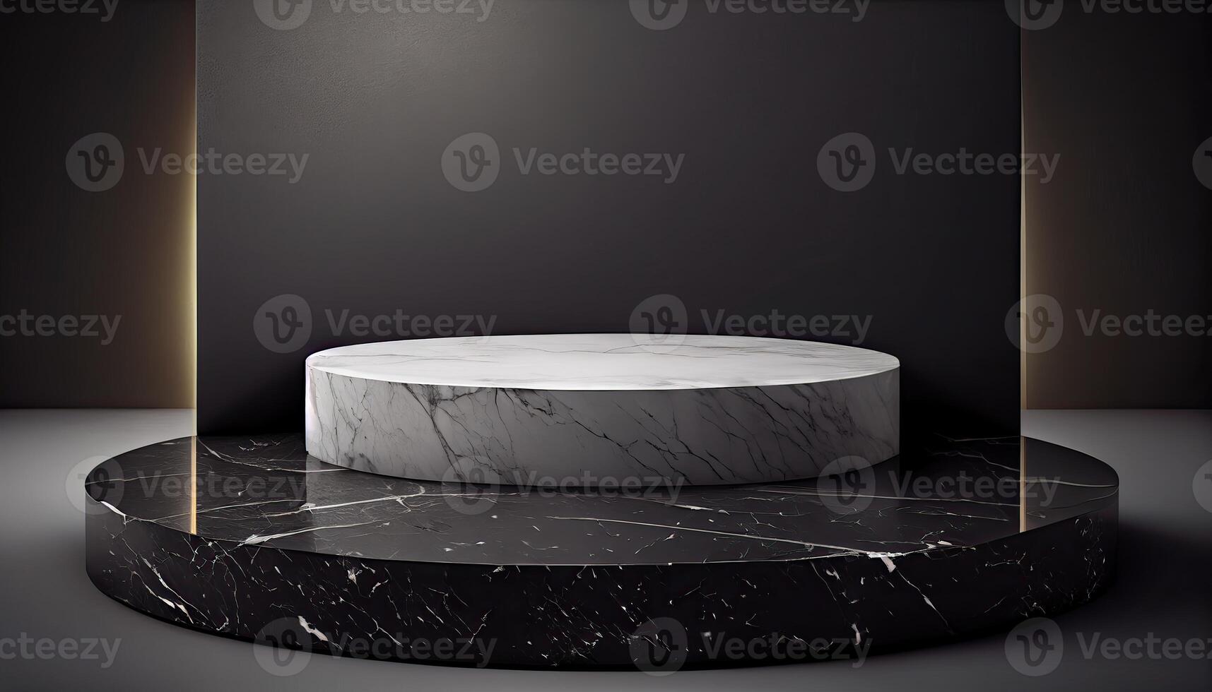 Marble product display on black background with modern backdrops studio. Empty pedestal or podium platform. photo