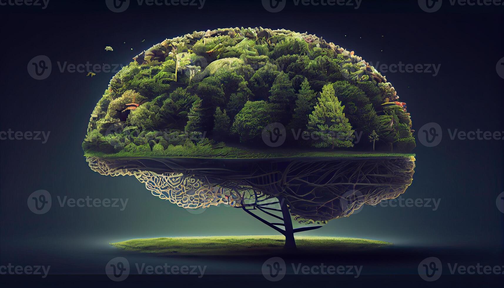 Conceptual image of green tree shaped like brain. Tree shaped like a human brain. photo
