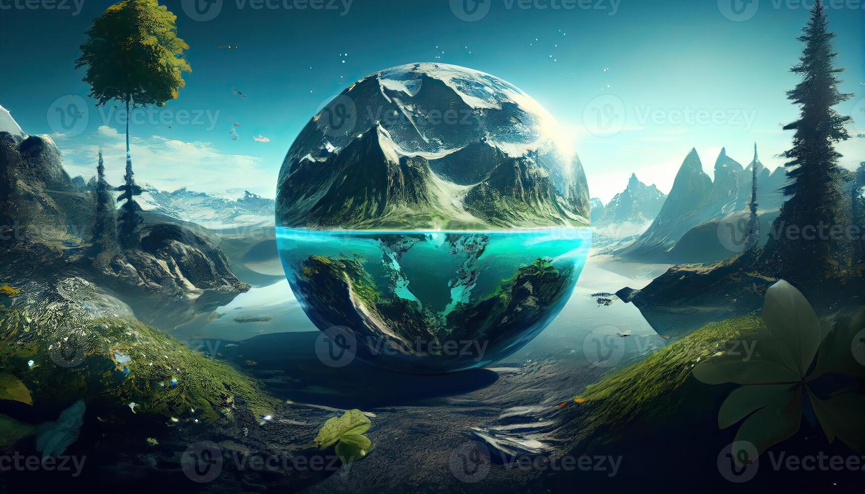 Earth crystal glass globe ball and growing tree. Saving environment, save clean planet, ecology concept. Card for World Earth Day. . photo