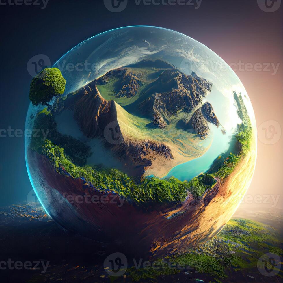 Earth crystal glass globe ball and growing tree. Saving environment, save clean planet, ecology concept. Card for World Earth Day. . photo