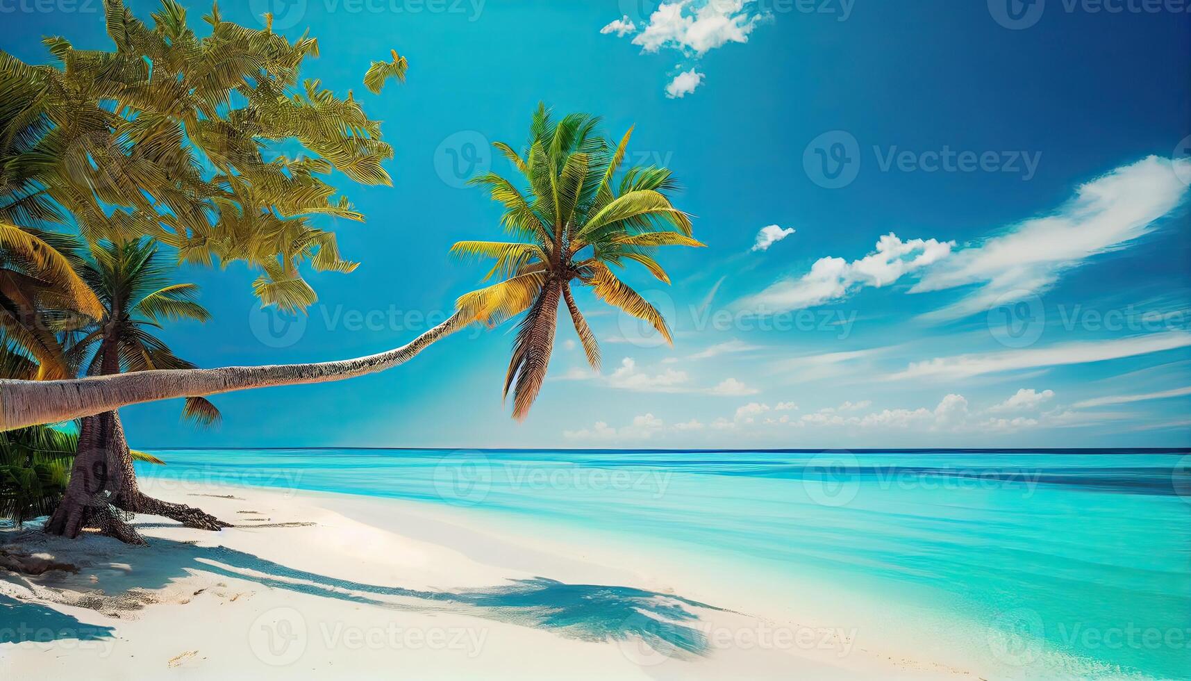 illustration tropical paradise beach with white sand and coco palms travel tourism wide panorama background concept. photo