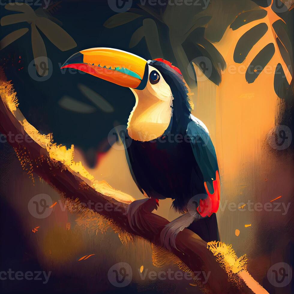 Close up on an orange and yellow bill toucan bird, perched on a tropic tree branch. photo