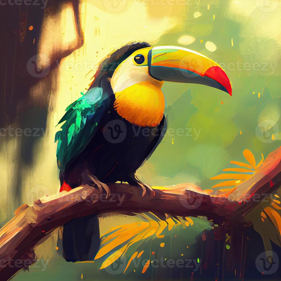 Close up on an orange and yellow bill toucan bird, perched on a tropic tree branch. photo