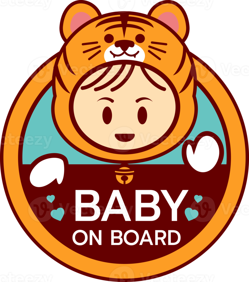 bébé sur planche signe logo icône isolé. enfant sécurité autocollant avertissement emblème. mignonne bébé sécurité conception illustration, drôle petit souriant garçon portant tigre suite png