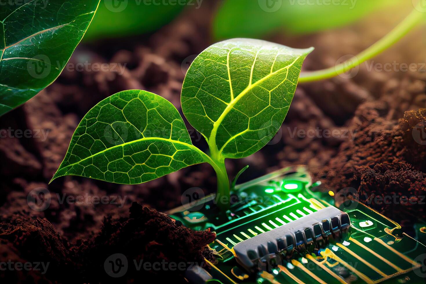 Growing tree on the converging point of acomputer circuit board. Nature with Digital Convergence and Technological Convergence. Green Computing, Green Technology, Green IT, csr, photo