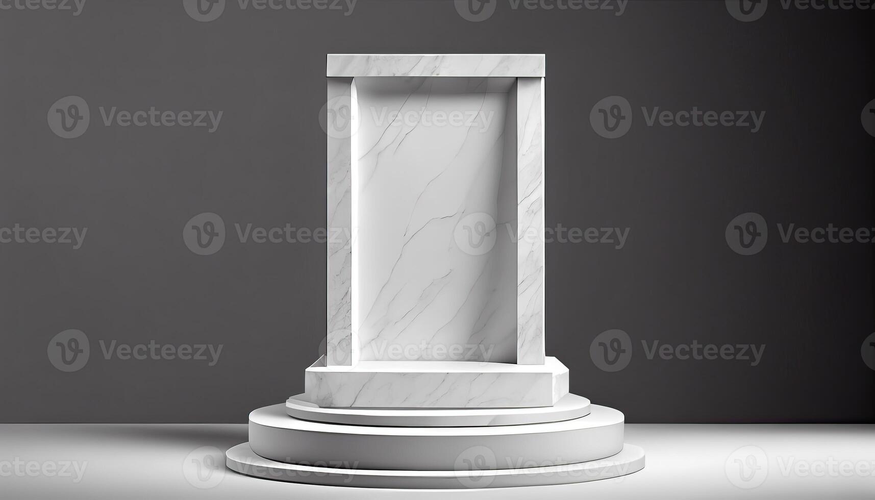 Marble product display on black background with modern backdrops studio. Empty pedestal or podium platform. photo